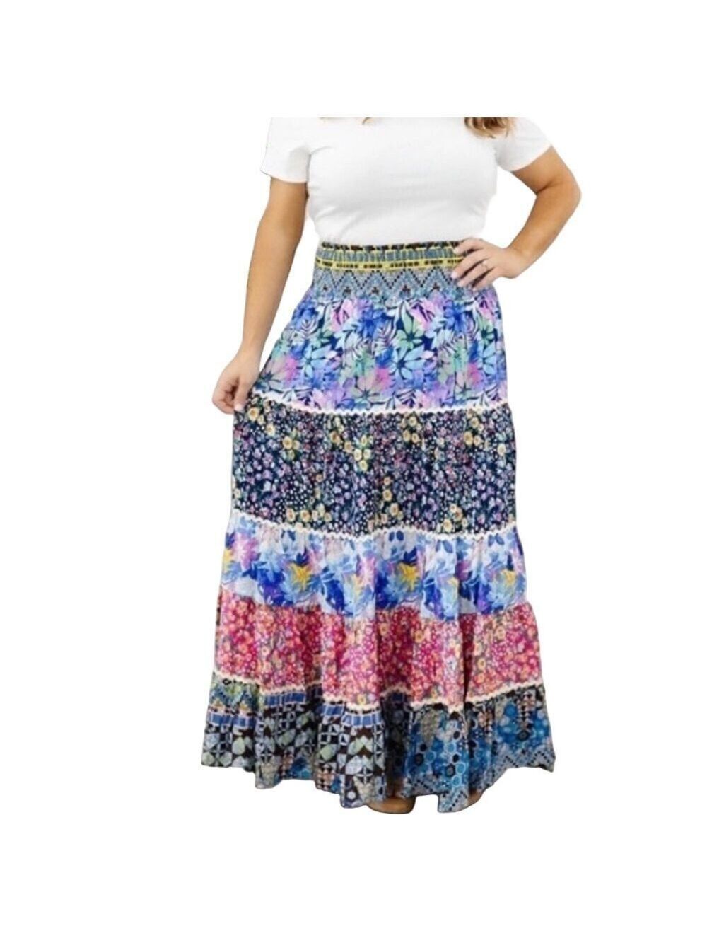Ursime Boho Floral Patchwork Skirt - Multicolor Sz 2X